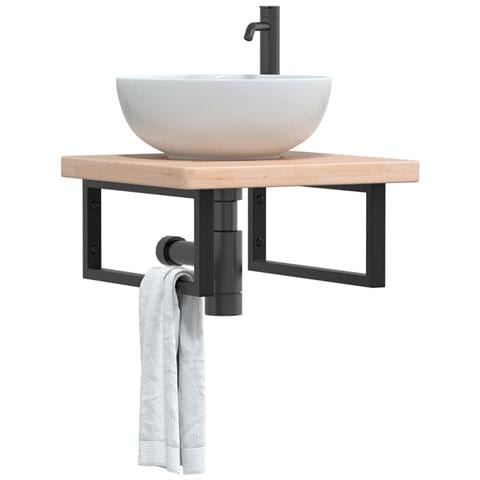 Ripiano a Parete per Lavabo in Acciaio e Massello di Rovere - Foto 2