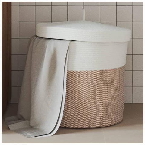 Cestino Portaoggetti Coperchio Marrone e Bianco Ø40x35cm Cotone - Foto 2