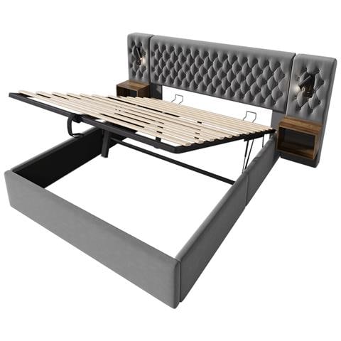 Letto Vintage Con Testiera In Legno E Velluto, Contenitore Idraulico E Luci Led - Foto 2