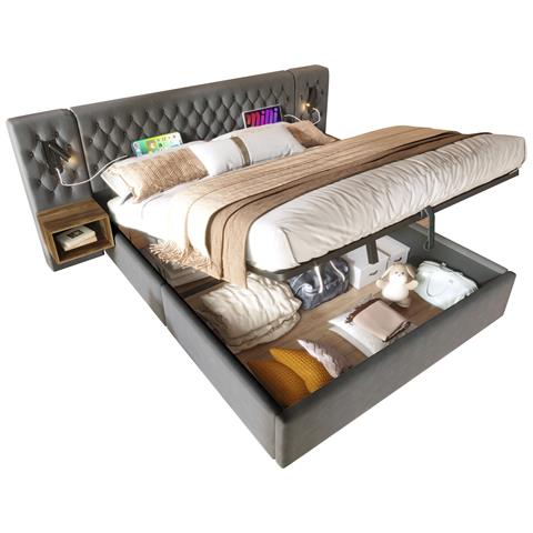 Letto Vintage Con Testiera In Legno E Velluto, Contenitore Idraulico E Luci Led - Foto 1