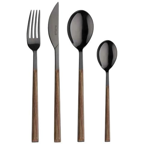 Sushi Anniversary Black&Teak - Set 24 Posate in Acciaio Inox Nero con Guancette Effetto Legno | Servizio Completo per 6 Persone (Forchetta, Coltello, Cucchiaio e Cucchiaino) - Foto 1