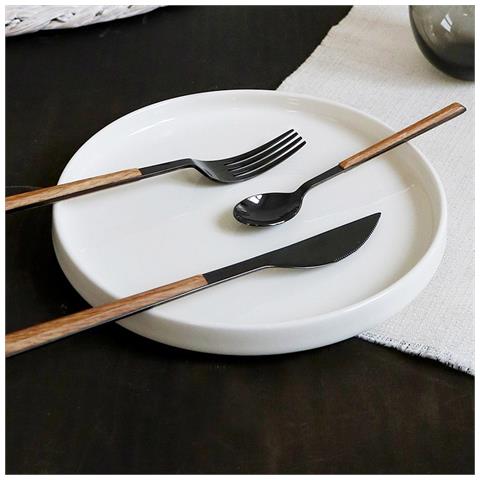 Sushi Anniversary Black&Teak - Set 24 Posate in Acciaio Inox Nero con Guancette Effetto Legno | Servizio Completo per 6 Persone (Forchetta, Coltello, Cucchiaio e Cucchiaino) - Foto 2