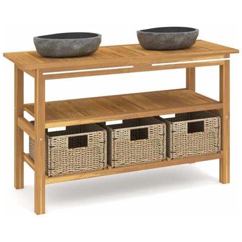Mobile Vanità Bagno con Lavandini Pietra Fiume Massello di Teak - Foto 1