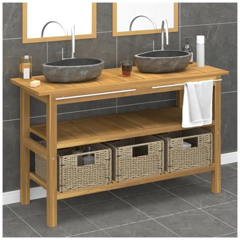 Mobile Vanità Bagno con Lavandini Pietra Fiume Massello di Teak - Foto 2