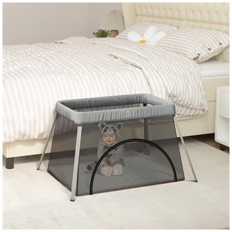 Box Per Bambini Con Materasso Grigio Chiaro Tessuto Di Lino - Foto 1