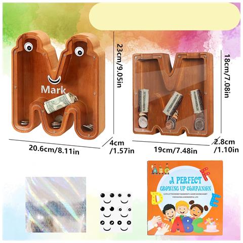 Salvadanaio A Forma Di Lettera M In Legno 20,6 X 4 X 23 Cm - Foto 2