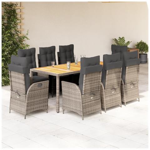 Set Da Pranzo Da Giardino 9 Pz Con Cuscini In Polyrattan Grigio - Foto 1