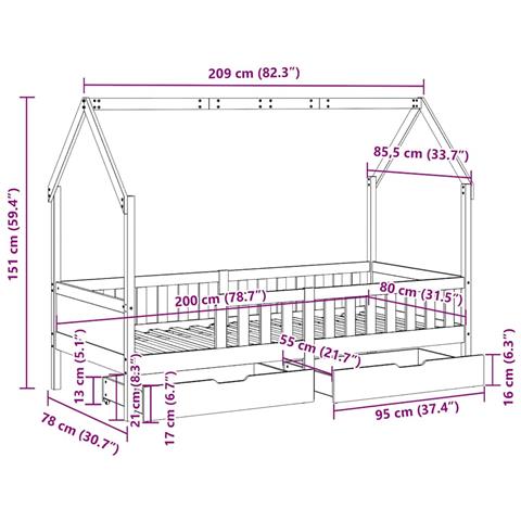 Giroletto Bambini con Cassetti 80x200 cm Legno Massello di Pino - Foto 10