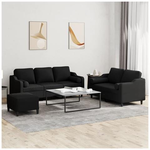 Set Divani 3 pz con Cuscini Nero in Tessuto - Foto 2