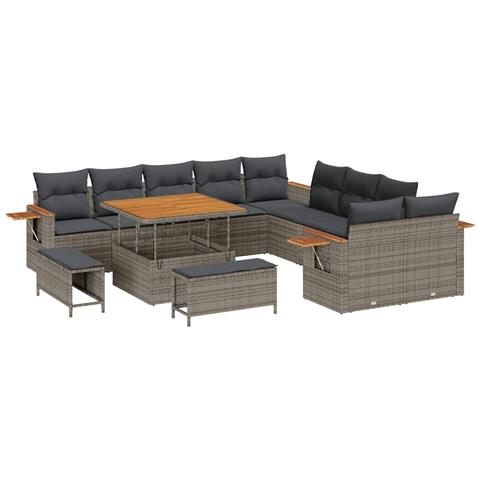 Set Divano da Giardino con Cuscini da 13 Pezzi Grigio Polyrattan Acacia, Set da Pranzo da Giardino con Cuscini da 3 Pezzi Grigio Polyrattan Acacia - Foto 1