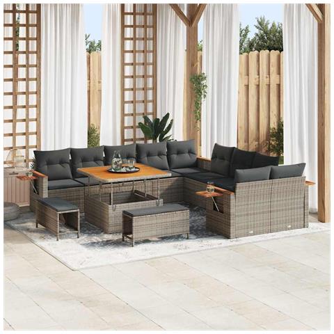 Set Divano da Giardino con Cuscini da 13 Pezzi Grigio Polyrattan Acacia, Set da Pranzo da Giardino con Cuscini da 3 Pezzi Grigio Polyrattan Acacia - Foto 2