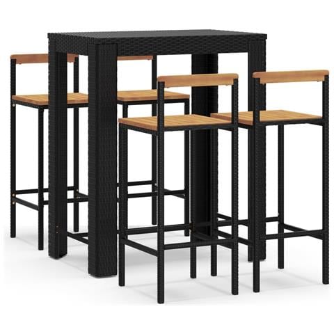 Set Bar Giardino 5 pz Nero Polyrattan e Legno Massello Acacia - Foto 1