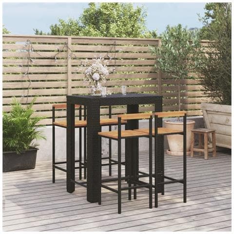 Set Bar Giardino 5 pz Nero Polyrattan e Legno Massello Acacia - Foto 2