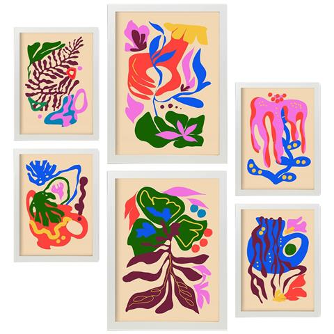 Set Di 6 Stampe Pittoreschi 2 Dipinti Decorativi Astratti Con Fiori Per Il Tuo Soggiorno, Camera Da Letto, Casa A3 & A4 Cornice Bianca - Foto 1
