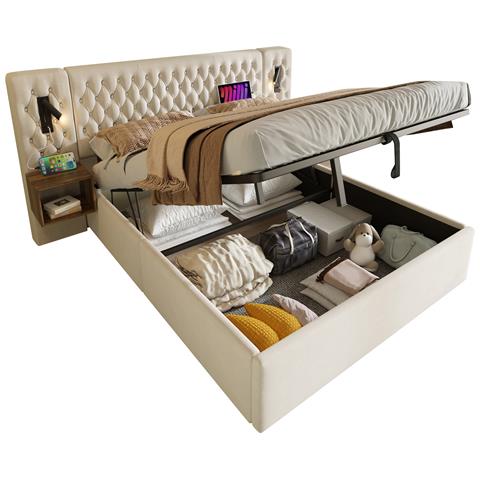 Set Letto Vintage Beige Con Comodini, Luce E Ricarica Usb - Foto 1