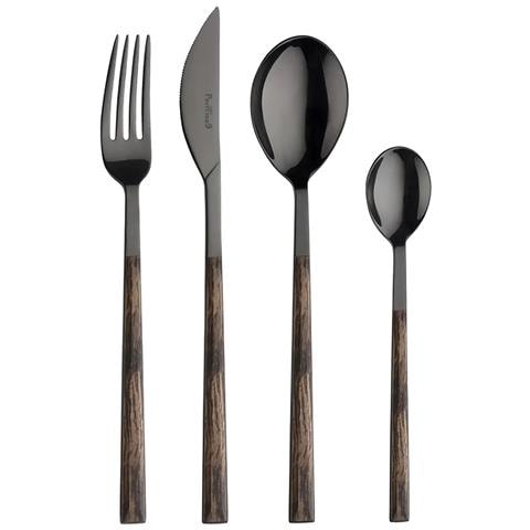 Sushi Anniversary Black&Wenge - Set 24 Posate in Acciaio Inox Nero con Guancette Effetto Legno | Servizio Completo per 6 Persone (Forchetta, Coltello, Cucchiaio e Cucchiaino) - Foto 1