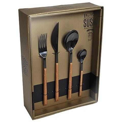 Sushi Anniversary Black&Wenge - Set 24 Posate in Acciaio Inox Nero con Guancette Effetto Legno | Servizio Completo per 6 Persone (Forchetta, Coltello, Cucchiaio e Cucchiaino) - Foto 2
