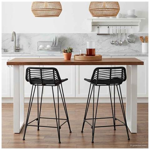 Sgabello da bar 2 pcs Nero 44 x 45 x 76 cm Rattan e acciaio - Foto 2