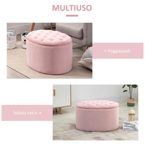 Pouf Contenitore Ovale Imbottito E Trapuntato In Velluto, 71x52x42cm, Rosa - Foto 6