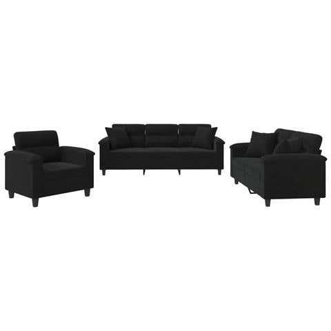 Set Divani 3 pz con Cuscini Nero in Tessuto Microfibra - Foto 1