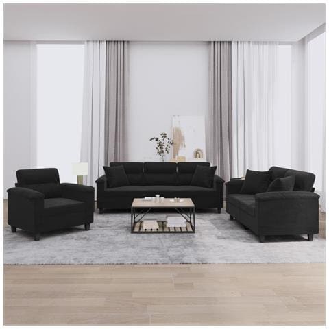 Set Divani 3 pz con Cuscini Nero in Tessuto Microfibra - Foto 2