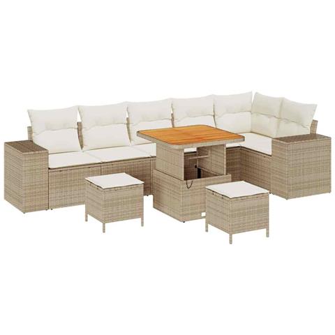 Set Divano da Giardino  9 Pezzi con Cuscini Polyrattan Beige, Set Tavolo da Giardino  3 Pezzi con Cuscini Polyrattan Beige - Foto 1