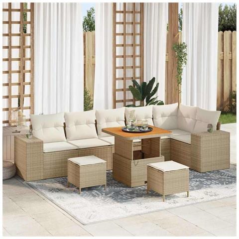 Set Divano da Giardino  9 Pezzi con Cuscini Polyrattan Beige, Set Tavolo da Giardino  3 Pezzi con Cuscini Polyrattan Beige - Foto 2