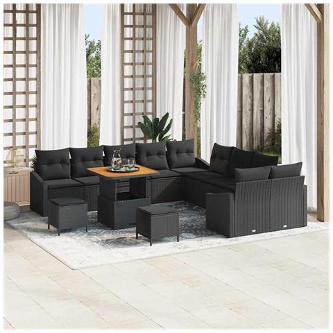 Set Divano da Giardino con Cuscini da 13 Pezzi Nero Polyrattan Acacia, Divano da Giardino 2 Posti con Storage & Cuscini Nero Polyrattan, Set Tavolo da Giardino con Cuscini da 3 Pezzi Nero Polyrattan Acacia - Foto 2