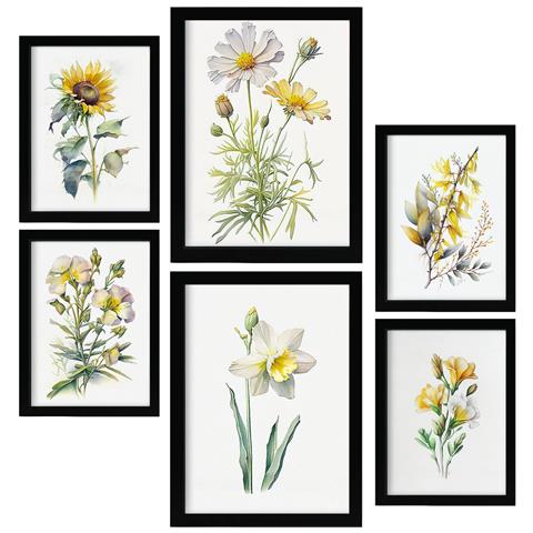 Set Di 6 Stampe Fiori Gialli Stampe Naturalistiche E Botaniche A Colori Con Motivi Floreali Su Sfondi Bianchi Puri A3 & A4 Cornice Nera - Foto 1