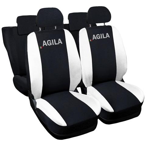 Coprisedili Auto Compatibili Per Agila, Made In Italy, Set Di Copri Sedili Anteriori E Posteriori Con Copri Poggiatesta Incluso, Tessuto Poliestere, Colore - Nero \bianco - Foto 1