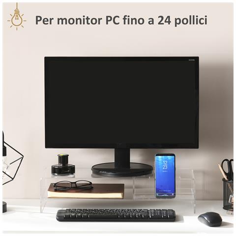 Supporto Monitor Pc 24"" Max Con 2 Ripiani Aperti, In Acrilico Trasparente, 50.8x19x12 Cm - Foto 2