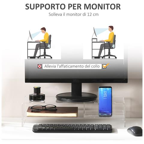 Supporto Monitor Pc 24"" Max Con 2 Ripiani Aperti, In Acrilico Trasparente, 50.8x19x12 Cm - Foto 6