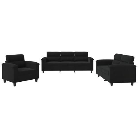 Set Divani 3 pz con Cuscini Nero in Tessuto Microfibra - Foto 1