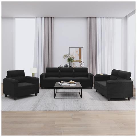 Set Divani 3 pz con Cuscini Nero in Tessuto Microfibra - Foto 2