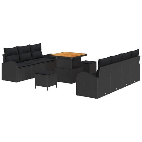 Set di Divani da Giardino da 10 Pezzi con Cuscini Nero Polirattan Acacia, Divano da Giardino a 2 Posti con Ripostiglio e Cuscini Nero Polirattan, Set da Giardino da 3 Pezzi con Cuscini Nero Polirattan Acacia - Foto 1