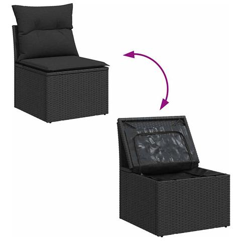 Set di Divani da Giardino da 10 Pezzi con Cuscini Nero Polirattan Acacia, Divano da Giardino a 2 Posti con Ripostiglio e Cuscini Nero Polirattan, Set da Giardino da 3 Pezzi con Cuscini Nero Polirattan Acacia - Foto 9