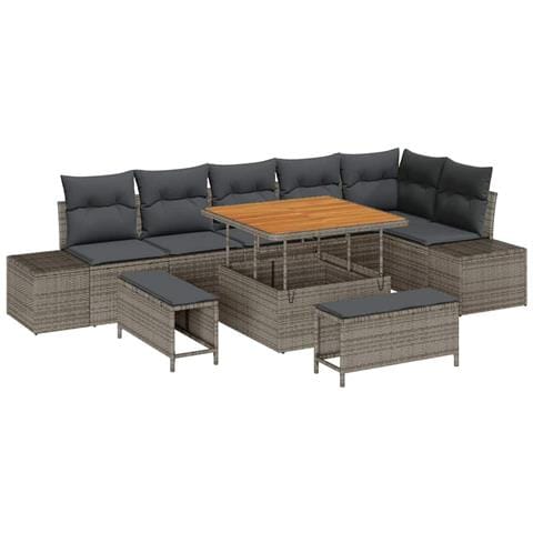 Set Divano da Giardino 9 Pezzi con Cuscini Polyrattan Grigio Acacia, Divano da Giardino 2 Posti con Cuscini Polyrattan Grigio, Set da Pranzo da Giardino 3 Pezzi con Cuscini Polyrattan Grigio Acacia - Foto 1