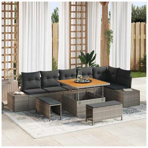 Set Divano da Giardino 9 Pezzi con Cuscini Polyrattan Grigio Acacia, Divano da Giardino 2 Posti con Cuscini Polyrattan Grigio, Set da Pranzo da Giardino 3 Pezzi con Cuscini Polyrattan Grigio Acacia - Foto 2