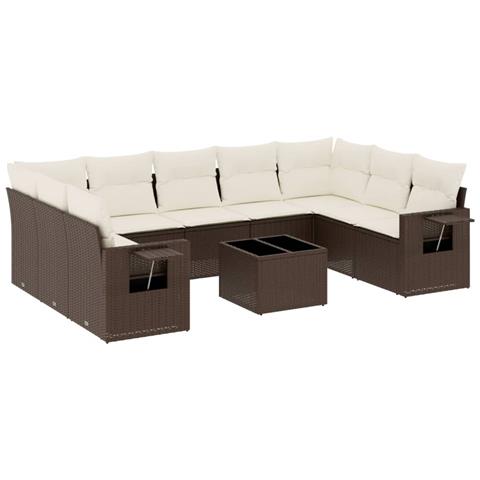 Set Divani da Giardino 10pz con Cuscini in Polyrattan Marrone - Foto 1