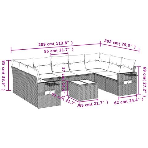 Set Divani da Giardino 10pz con Cuscini in Polyrattan Marrone - Foto 3