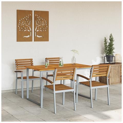 Set da Pranzo per Giardino da 5 Pezzi in Legno di Acacia Solido e Metallo - Foto 2