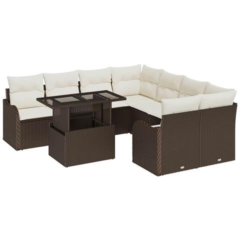 Set Divano da Giardino 9 Pezzi con Cuscini Polyrattan Marrone, Divano da Giardino 2 Posti con Spazio di Stoccaggio e Cuscini Polyrattan Marrone - Foto 1