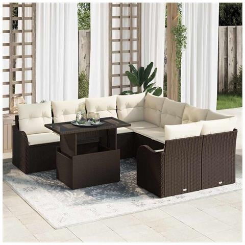Set Divano da Giardino 9 Pezzi con Cuscini Polyrattan Marrone, Divano da Giardino 2 Posti con Spazio di Stoccaggio e Cuscini Polyrattan Marrone - Foto 2