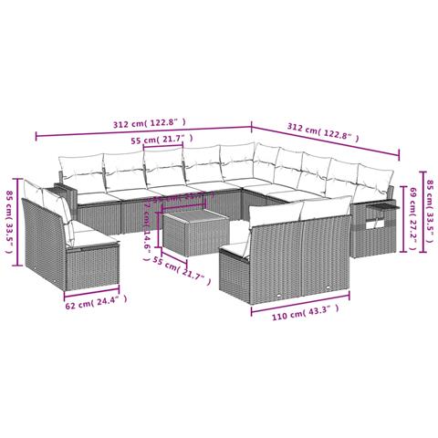 Set Divani da Giardino 14pz con Cuscini in Polyrattan Beige - Foto 9