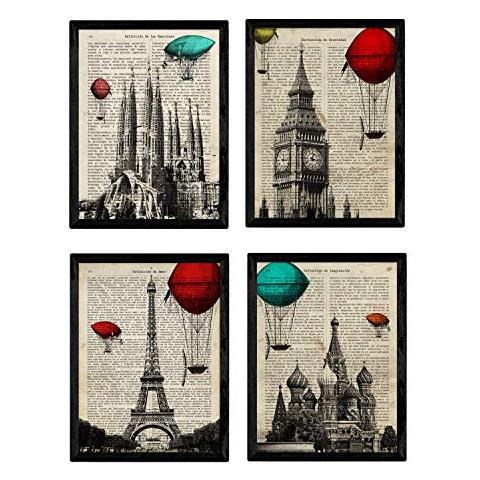 Set Di 4 Stampe Città. Londra, Barcellona, Mosca, Parigi. Senza Cornice A4 - Foto 1