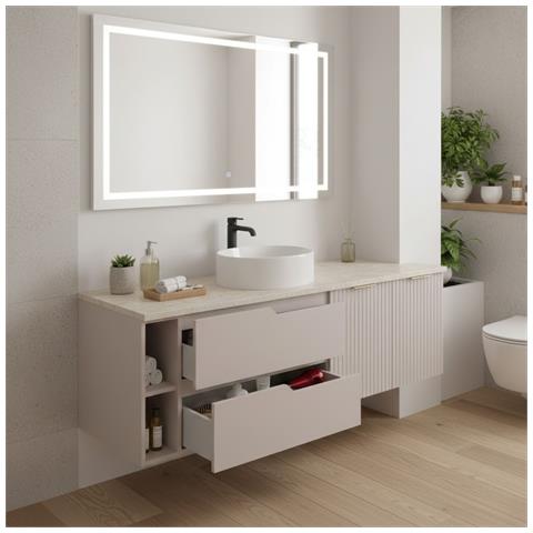 Mobile sottolavabo, Beige e marrone, 160 cm, Con piano d'appoggio, 4 cassetti, Sospeso, Frontali in MDFMobilecon 1 anta, MODERNO - Foto 5