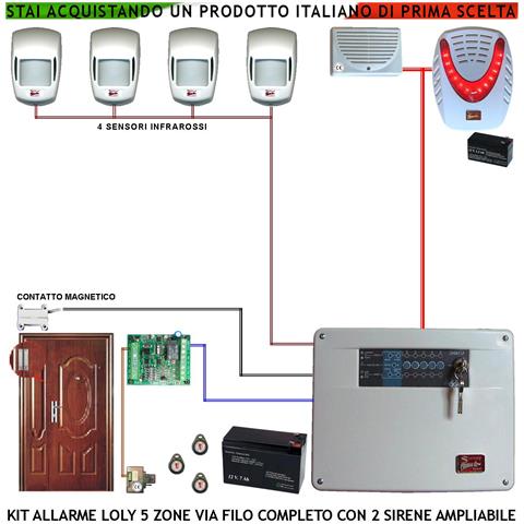 Kit Antifurto Impianto Loly Centrale Via Filo Diana 5 Zone 4 Sensori Di Movimento Infrarossi Contatto Magnetico Per Po - Foto 1