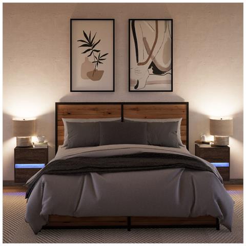 Comodini A Parete Con Luci Led 2 Pz Rovere Marrone - Foto 3