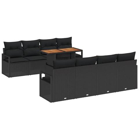 Set Divano da Giardino  9 Pezzi con Cuscini Polyrattan Nero Acacia, Divano da Giardino  2 Posti con Cuscini Polyrattan Nero - Foto 1