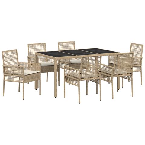 Set da Pranzo da Giardino 7 Pezzi con Cuscini Beige in Polyrattan - Foto 1